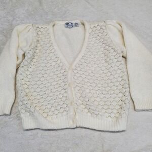 Vintage Ninon Cream Knit Button Cropped Cardigan Large Boho Cozy Casual Chunky‎
